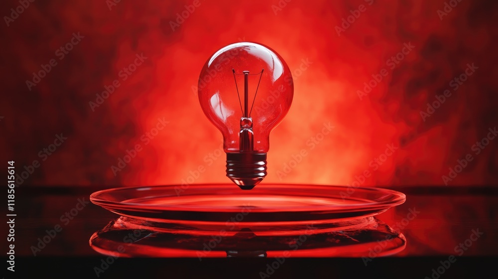 Poster illuminated glass light bulb floating above glossy red plate with vibrant red reflections and backgr