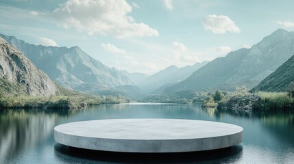 Obraz premium Gray stone podium floating above river with mountains and sky perfect for showcasing products or presentations in a serene landscape setting