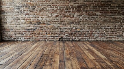 Rustic interior featuring hardwood flooring contrasted by an exposed brick wall ideal for home decor and design themes