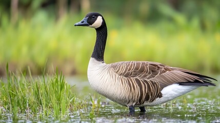 Fototapeta premium Canada Goose in natural habitat standing in shallow water surrounded by green reeds and grass during a peaceful summer day