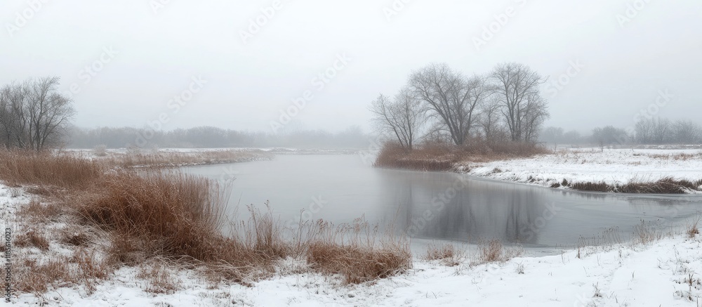 Poster misty winter landscape with tranquil river and foggy trees creating an ideal background for text or 