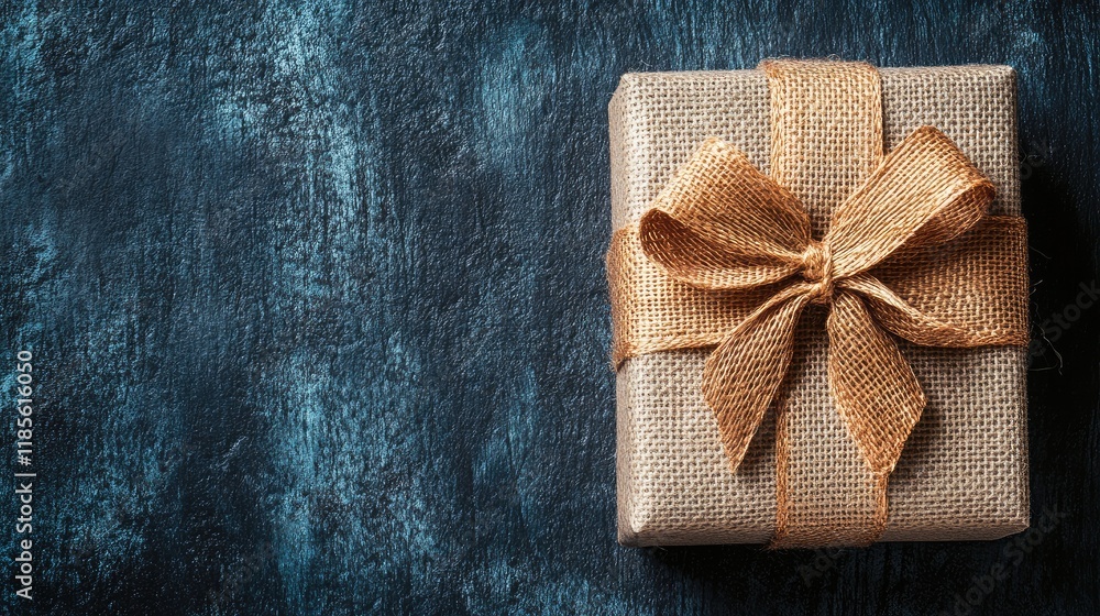 Poster rustic gift box with burlap ribbon bow on textured blue background with empty space for text or fest