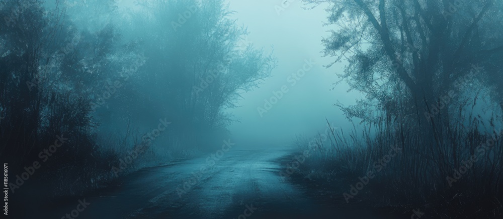 Poster misty road through foggy landscape with open space for text and graphics