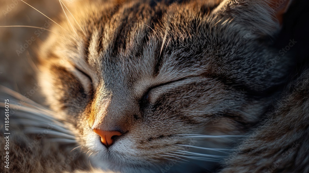 Poster close up of a content sleeping cat with soft fur resting peacefully in a serene environment showcasi