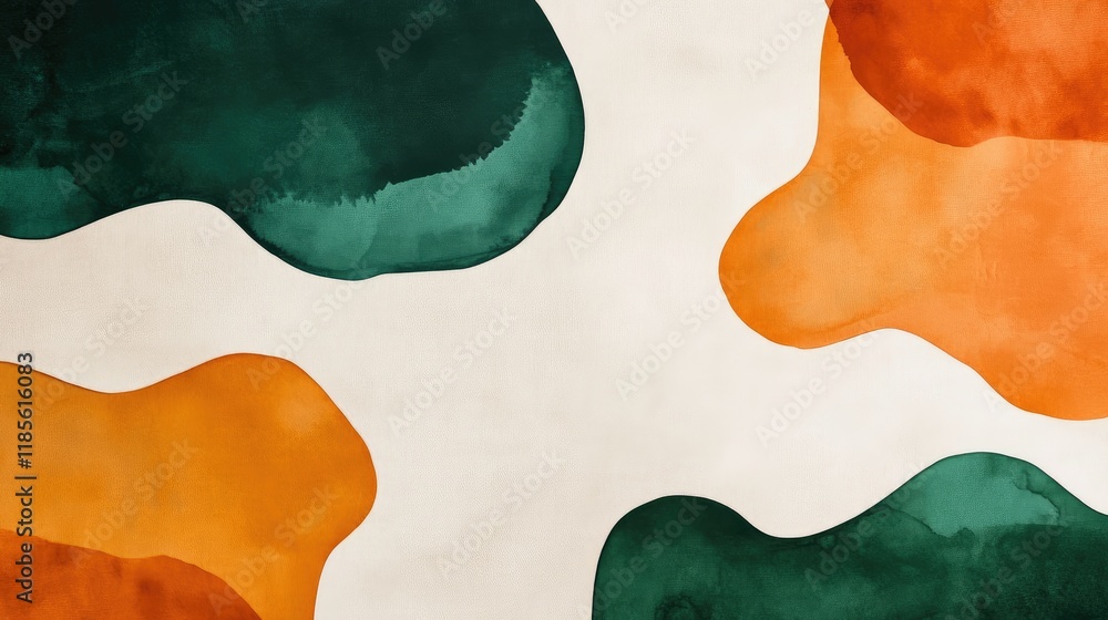 Poster minimalist abstract watercolor backdrop featuring vibrant green and orange paint blobs on a neutral 