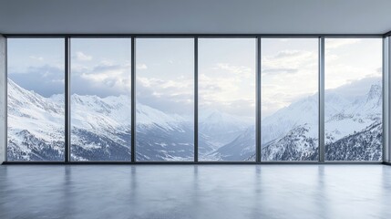 Modern Studio Interior with Large Windows Showcasing Snowy Mountain Landscape and Dramatic Cloudy Sky