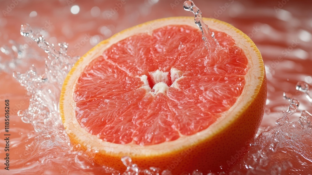 Poster refreshing grapefruit half with juice splash on vibrant background creating a lively and appetizing 