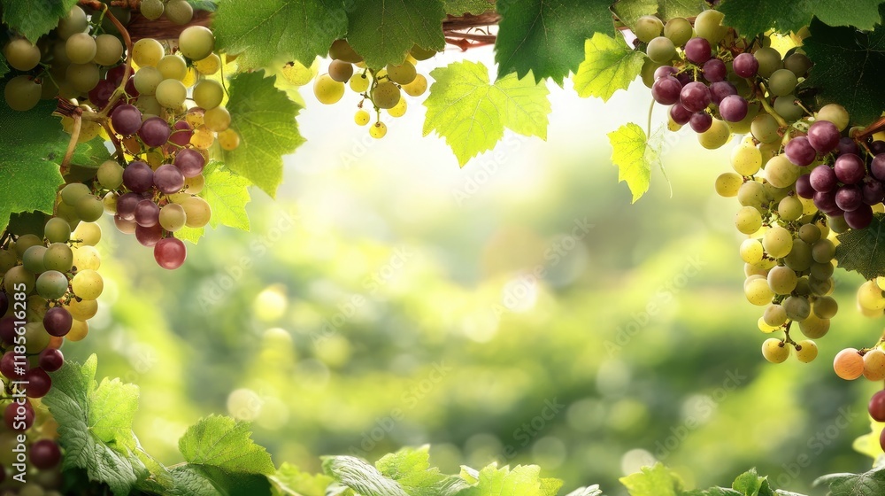 Poster vibrant grapes hanging in a lush garden surrounded by greenery creating a natural border with soft l