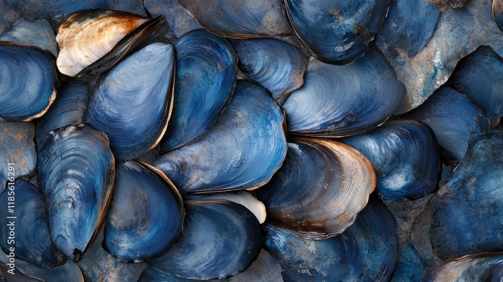 Poster blue mussel shells arranged artistically creating a textured background showcasing natural ocean col