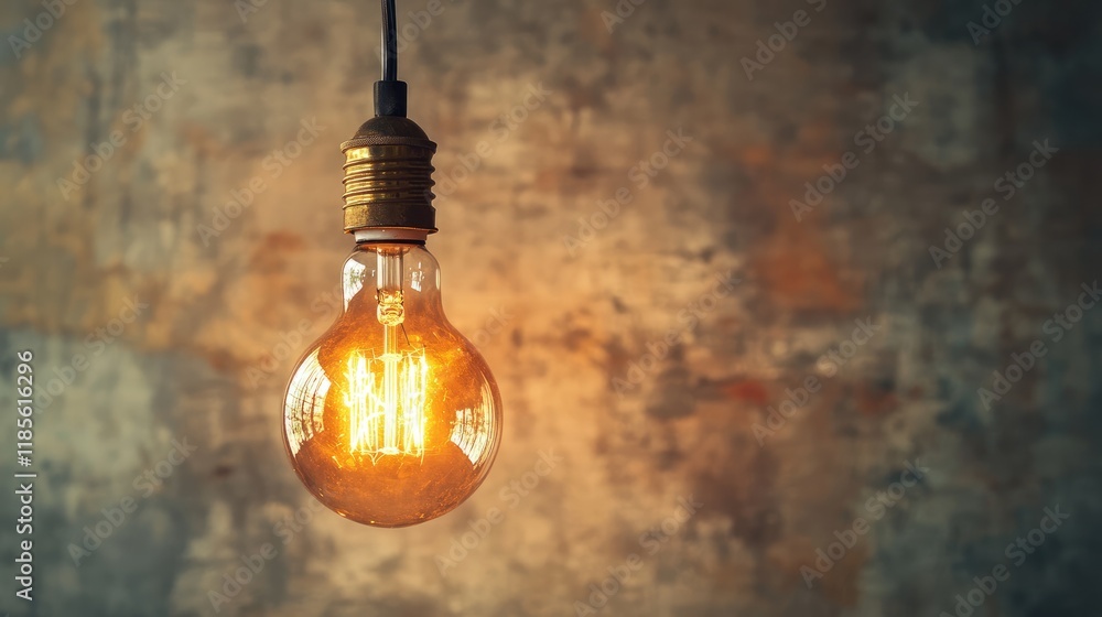 Poster vintage incandescent light bulb illuminated against a textured rustic wall background creating a war