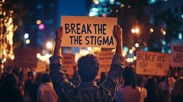 Break the Stigma Protest Sign Held at Evening Rally