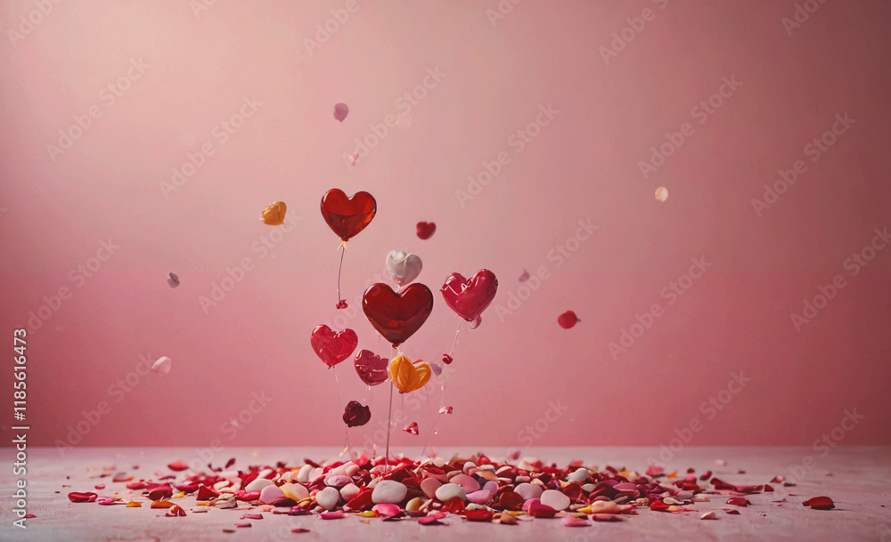 Poster bunch of balloons with hearts on them are floating in the air. there are many balloons in the air, s