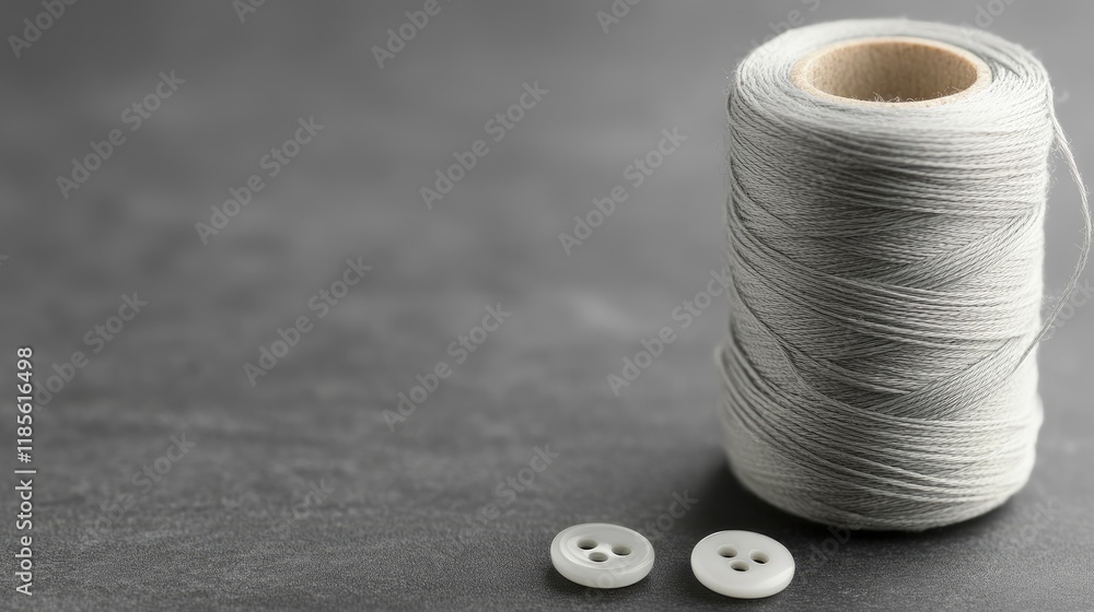 Poster gray sewing thread spool and two matching buttons on grey backdrop for fashion design and tailoring 