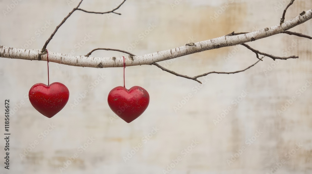 Poster valentine's day two red hearts hanging from birch branch on soft background symbolizing love and sim