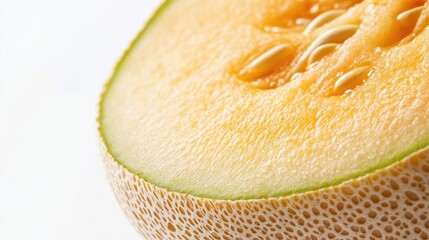 Close up view of a ripe cantaloupe melon slice showcasing its vibrant orange flesh and textured rind against a soft background