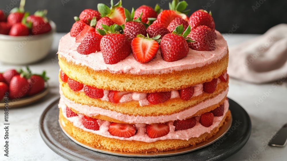 Poster deliciously layered strawberry cake with fresh berries and creamy frosting on a rustic table setting