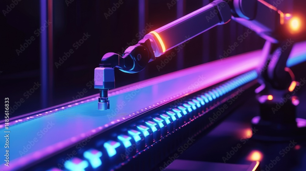 Aufkleber isometric robotic arm operating on led illuminated conveyor belt in advanced industrial setting