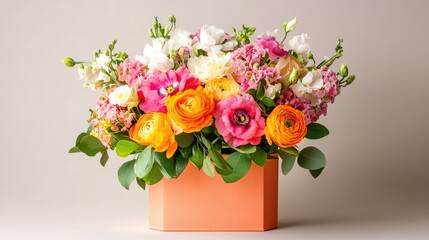 Fototapeta premium Floral Arrangement in Gift Box Featuring Colorful Flowers and Greenery Perfect for Celebrations or Special Occasions