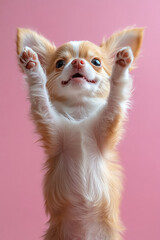 Fototapeta premium Dancing Chihuahua, pink background, playful pose