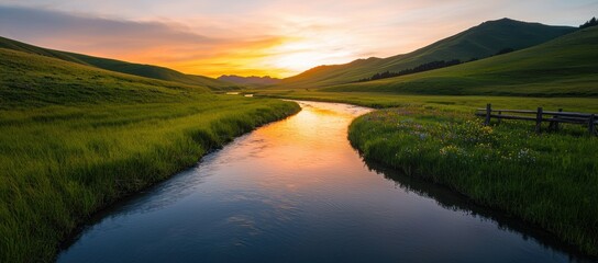 Serene River at Sunset Surrounded by Lush Green Hills and Fields