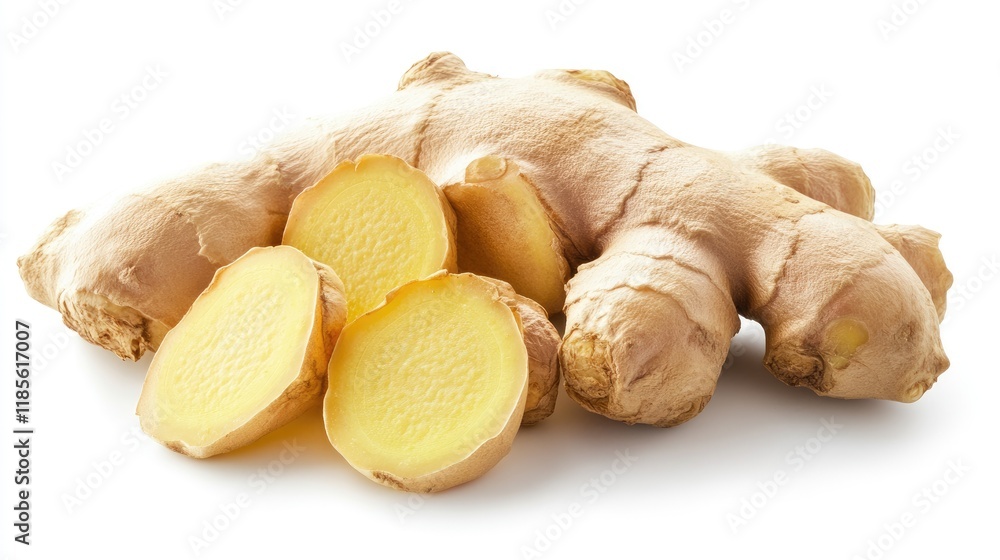 Poster fresh ginger root with sliced sections on a white background showcasing its natural texture and colo