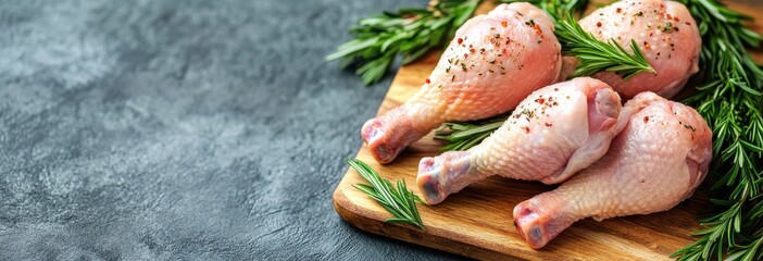 Fresh Raw Chicken Drumsticks Seasoned with Spices on Wooden Cutting Board Surrounded by Fresh Green Rosemary Herbs on Gray Background