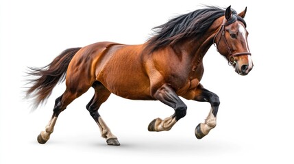 Naklejka premium Powerful Brown Horse Running with Black Mane Isolated on White Background