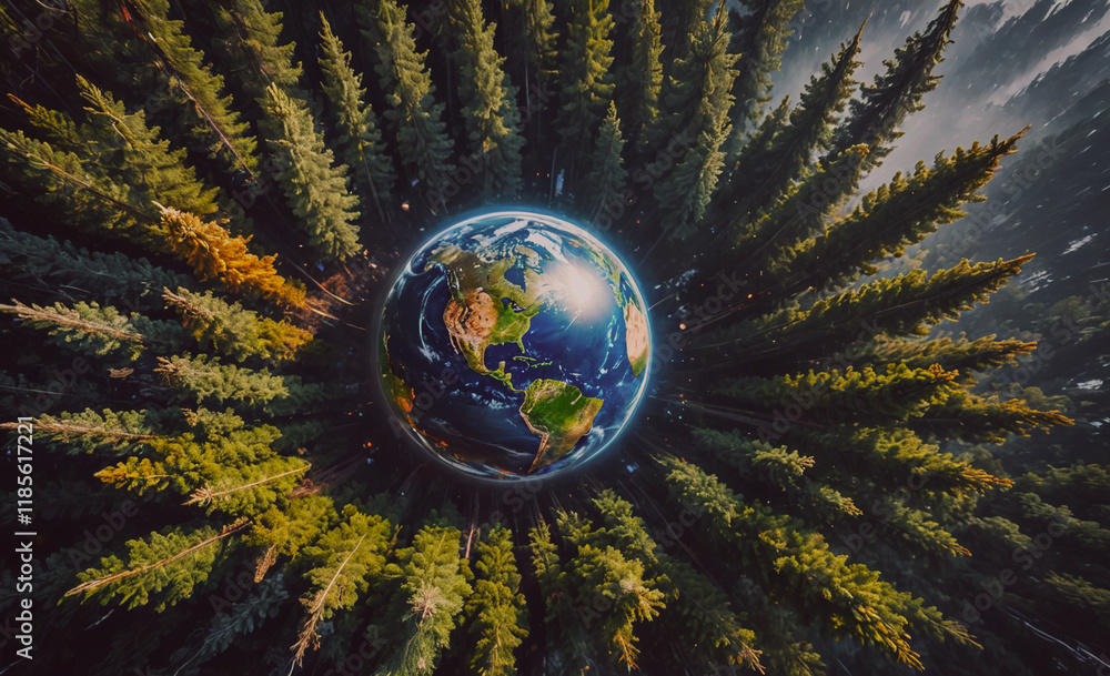 Poster Globe is surrounded by trees. The globe is blue and white. The trees are green. The globe is in the center of the image