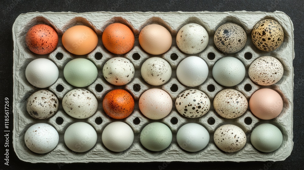 Poster mixed duck eggs in a carton tray showcasing various colors and patterns in a visually appealing arra