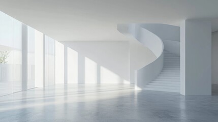 Obraz premium Elegant spacious interior mockup featuring white walls and a modern spiral staircase with ample natural light streaming through large windows.