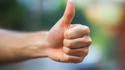 Hand gesture of approval with thumbs up symbolizing recognition and excellence in communication and positive feedback under natural lighting conditions.