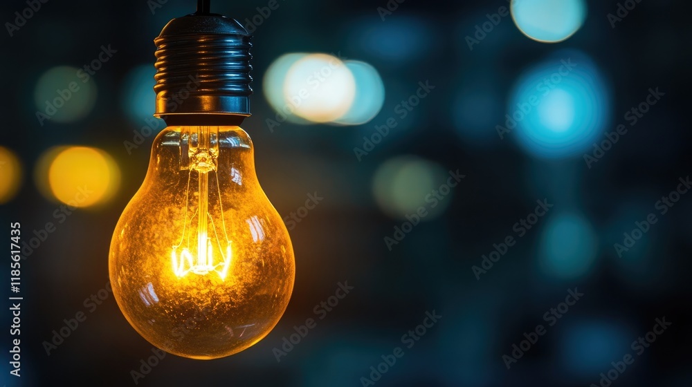 Poster vintage style light bulb emitting warm glow against a blurred bokeh background creating a nostalgic 
