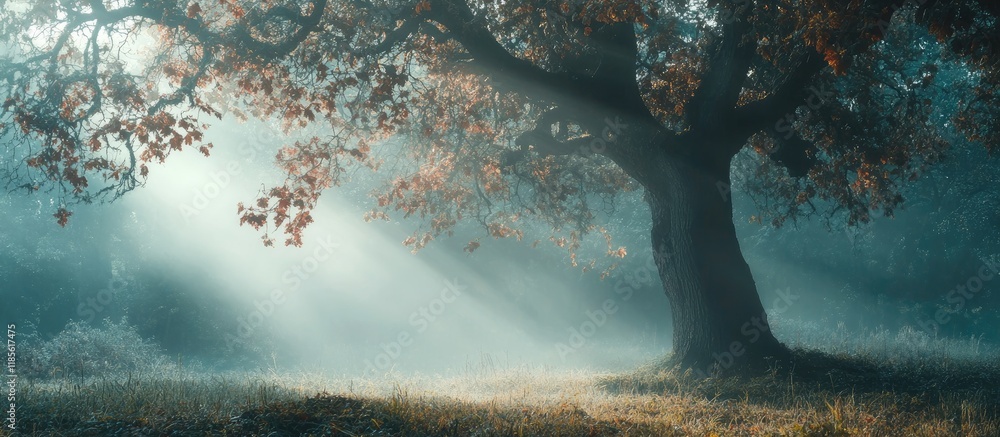 Poster misty forest landscape with majestic oak tree and soft sunlight creating a tranquil atmosphere for t
