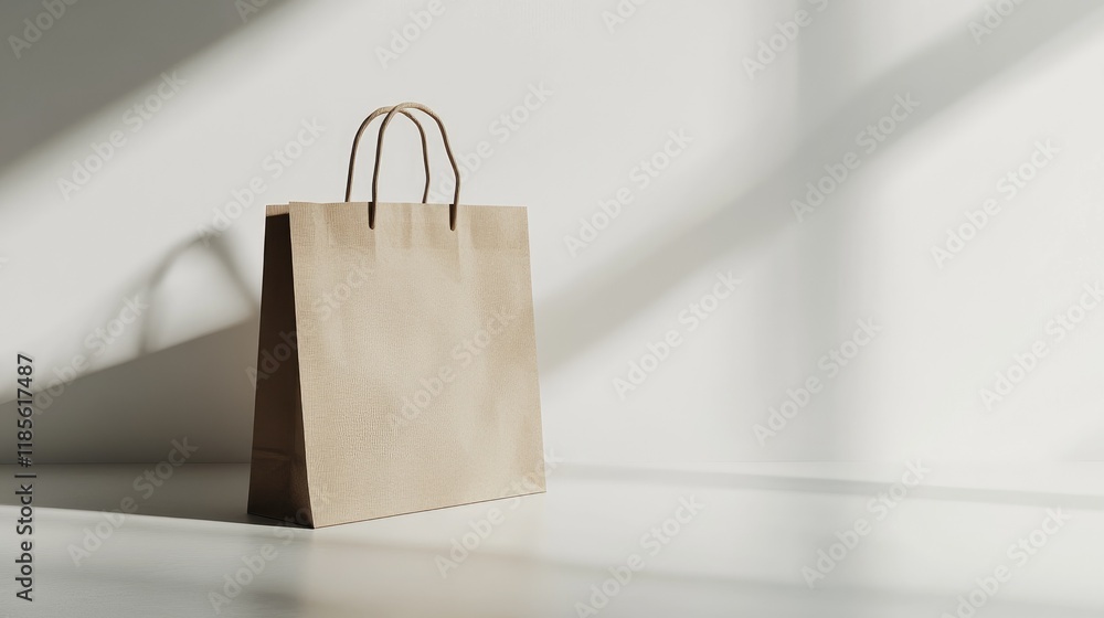 Poster minimalist 3d composition showcasing a stylish paper bag on a simple background with soft shadows an
