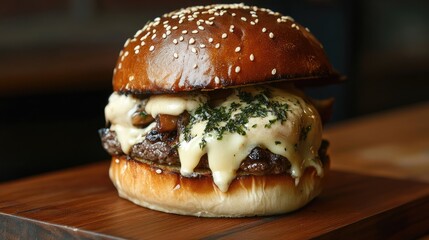 Mouthwatering gourmet burger with grilled beef and melted cheese served on a rustic wooden board with copyspace for text