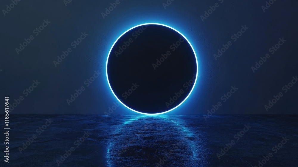 Poster glowing navy blue circle on a minimalist abstract background with reflections creating a serene atmo