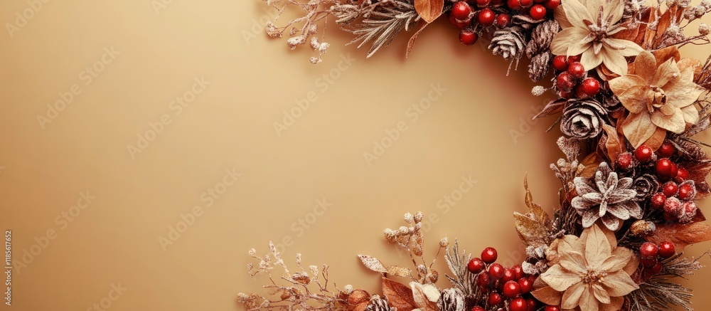 Poster handmade wreath adorned with winter flowers and pine cones on a golden table background with ample e