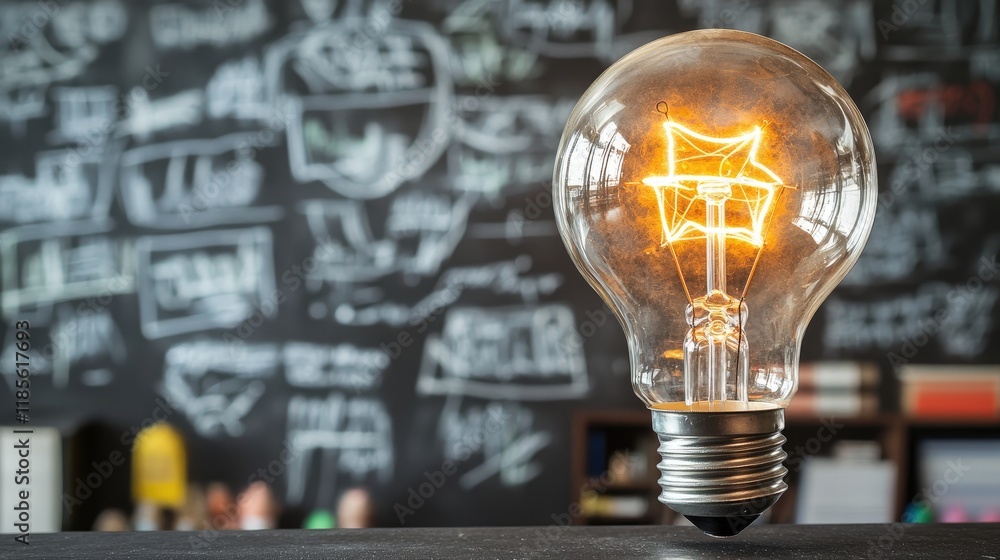 Poster illuminated light bulb with creative strategy sketches on blackboard background symbolizing innovati