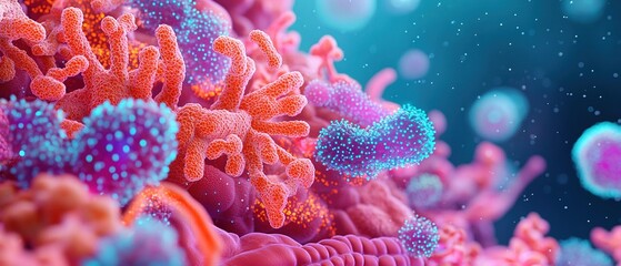 Obraz premium Microbiome nervous gut concept. Vibrant coral reef teeming with colorful marine life and microorganisms.