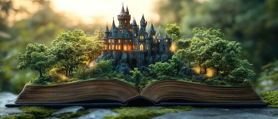 Fantasy book with a miniature castle and forest emerging from its pages