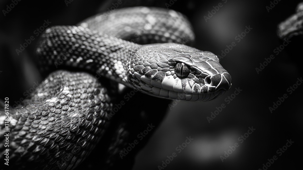 Poster close-up of a snake in grayscale emphasizing texture and details in a dimly lit environment