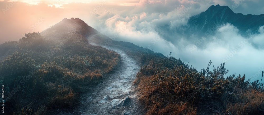 Poster misty mountain trail surrounded by clouds with ample space for overlay text and scenic background
