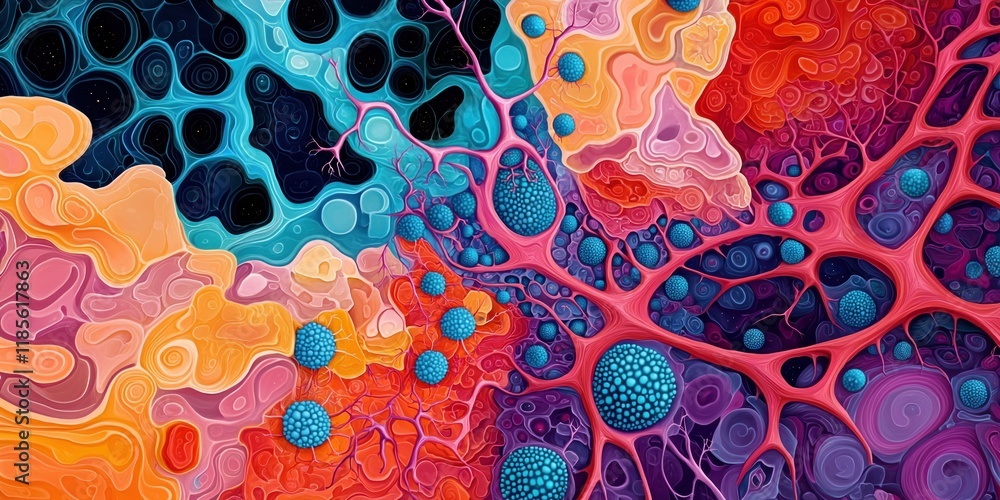 Poster microbiome nervous gut concept. vibrant abstract art with colorful patterns and textures.