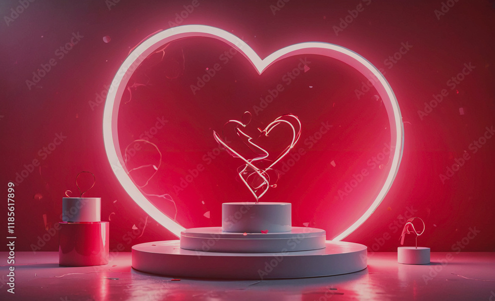 Poster heart is lit up in red and is surrounded by a white pedestal. the heart is in the center of the pede