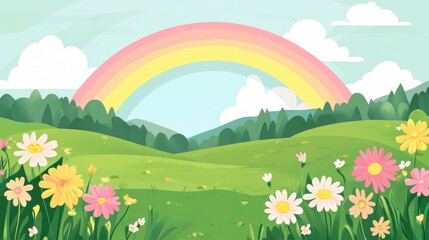 Fototapeta premium Rainbow over lush green fields adorned with colorful wildflowers under a bright sky with fluffy clouds in a serene landscape scene