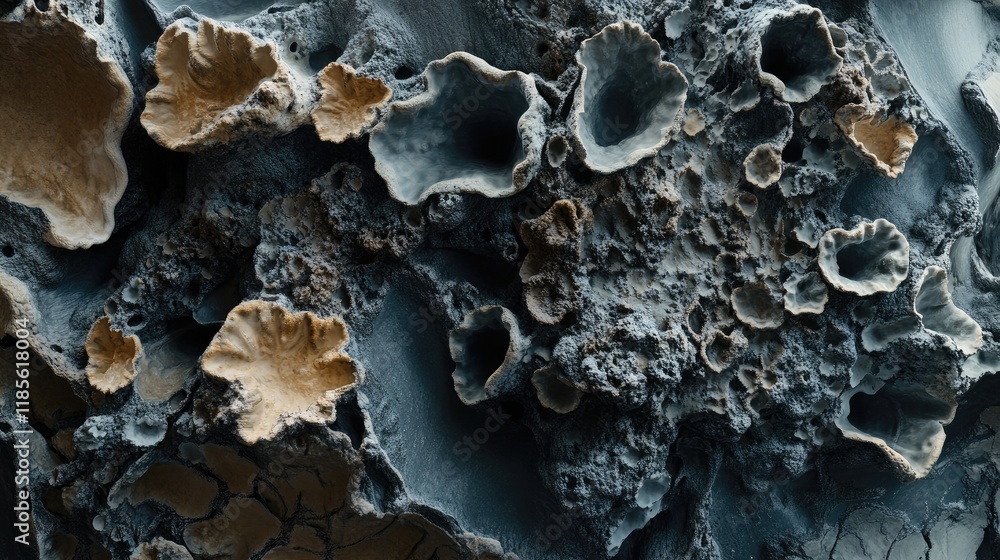 Poster microscopic view of lichen formations on textured surface showcasing intricate patterns and colors i