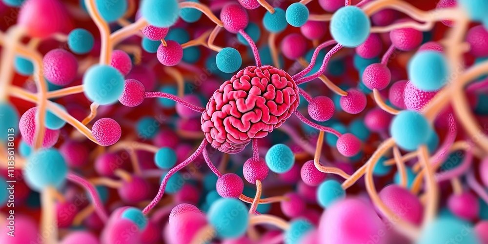 Poster microbiome nervous gut concept. colorful abstract representation of bacteria and molecules in a digi