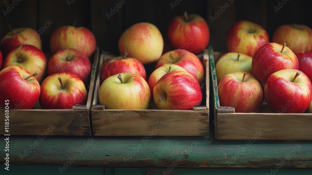 Poster freshly harvested apples in rustic wooden boxes arranged on a rustic table highlighting their vibran
