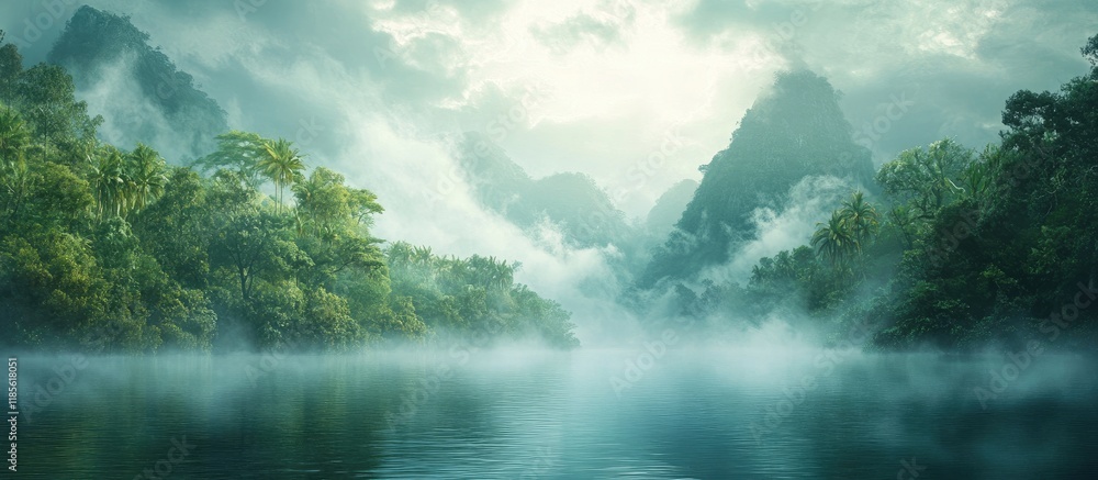 Poster misty lake at dawn surrounded by lush trees and mountains with copy space for text display