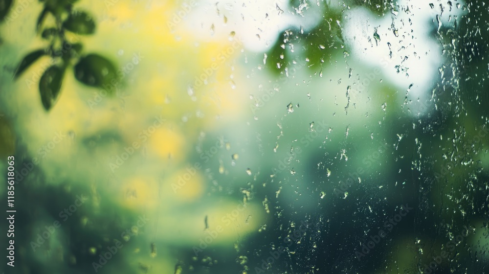 Poster serene rain-soaked car window view with blurred greenery creating a calm and tranquil atmosphere on 